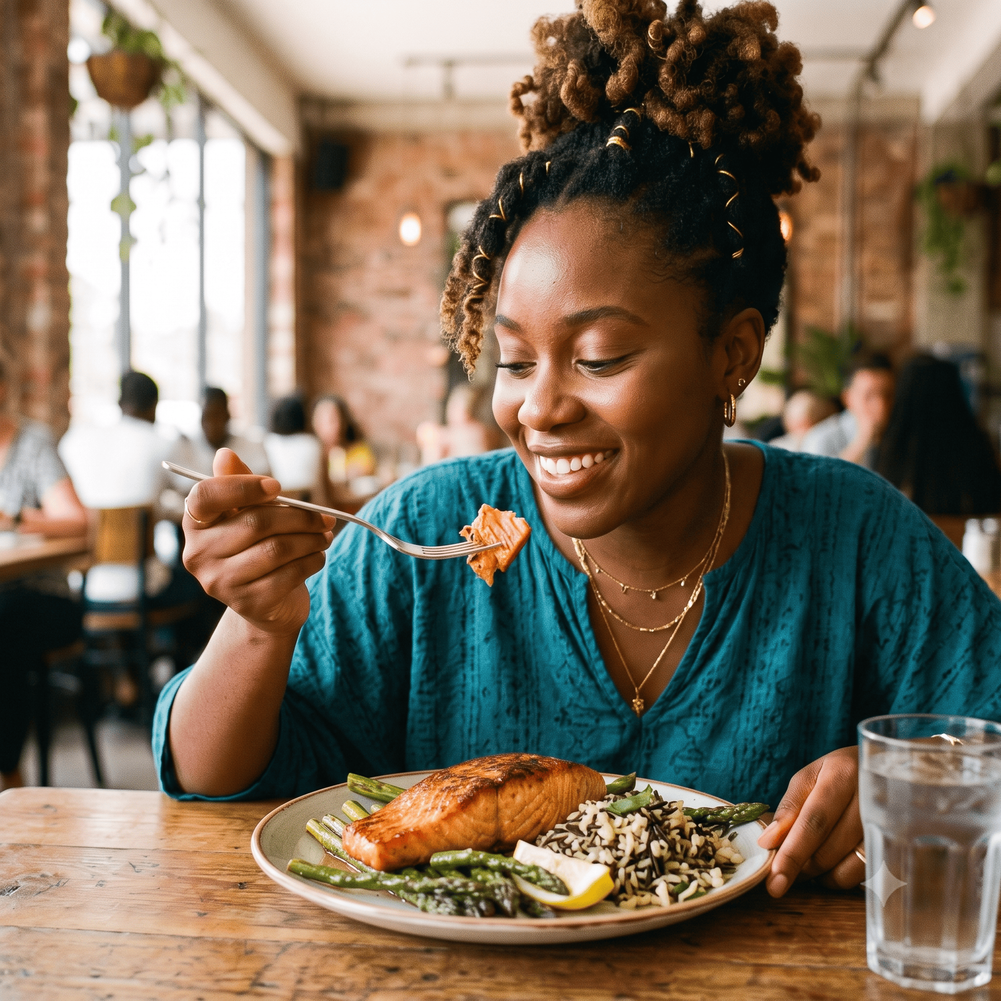 Woman enjoying a nutritious meal with salmon and vegetables at a wellness cafe.