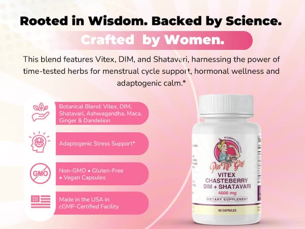 Pin Up Girl Wellness Vitex Chasteberry supplement bottle with label details.