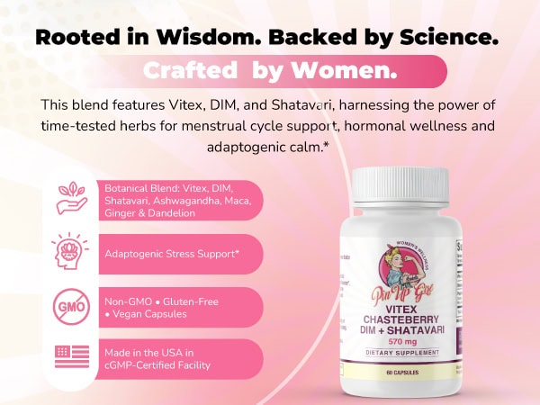 Pin Up Girl Wellness Vitex Chasteberry, DIM & Shatavari supplement bottle.