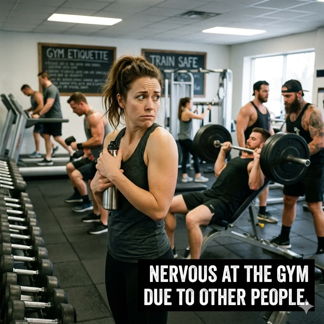 Nervous woman at the gym
