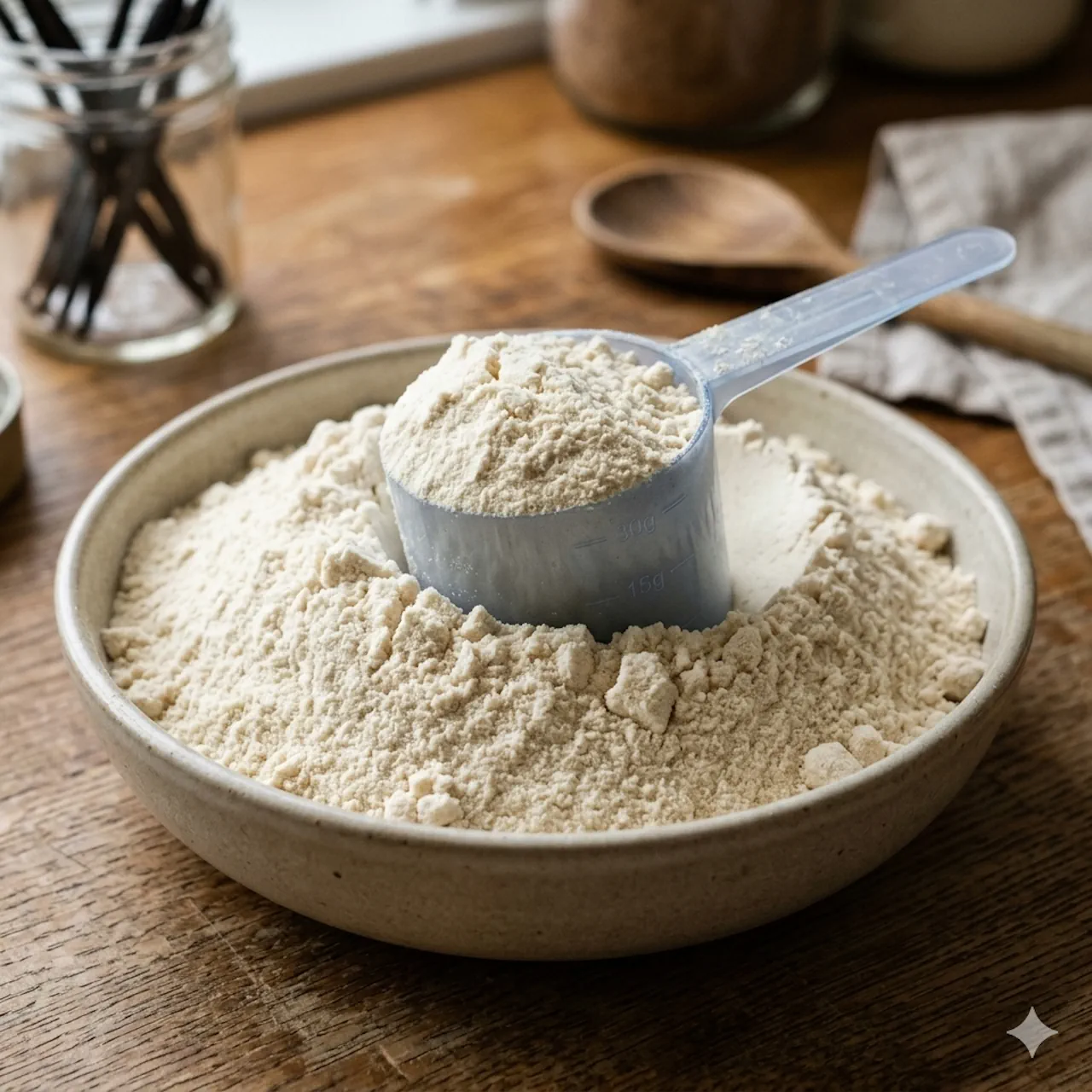scoop of protein powder in a pile of protein powder