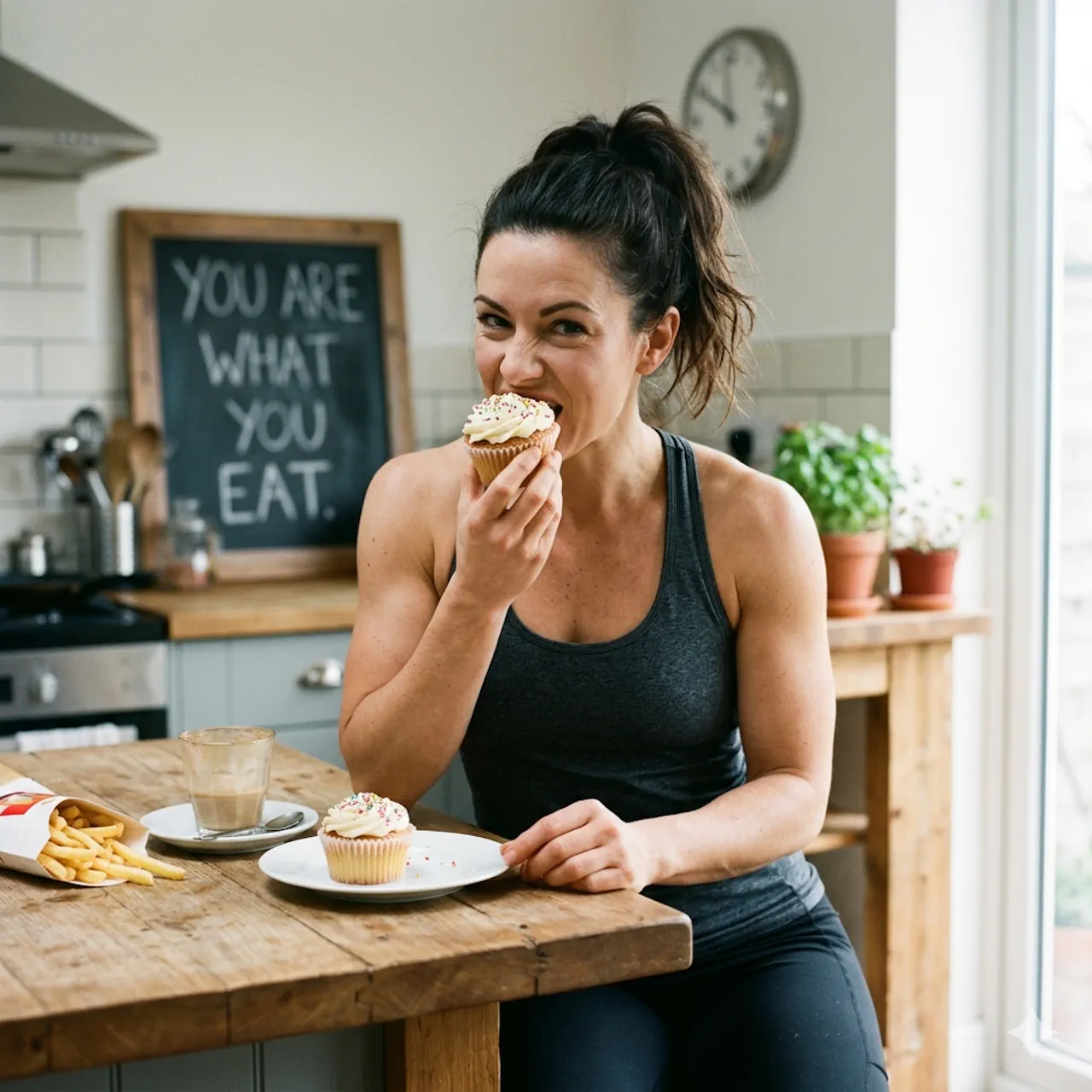 woman in denial of nutrition myths eating what she wants.