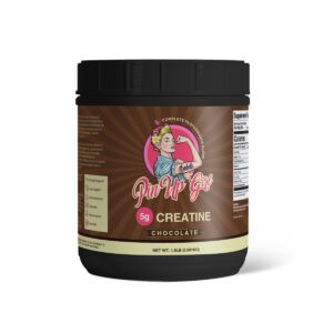 Pin Up Girl Wellness chocolate creatine supplement container with logo and label.
