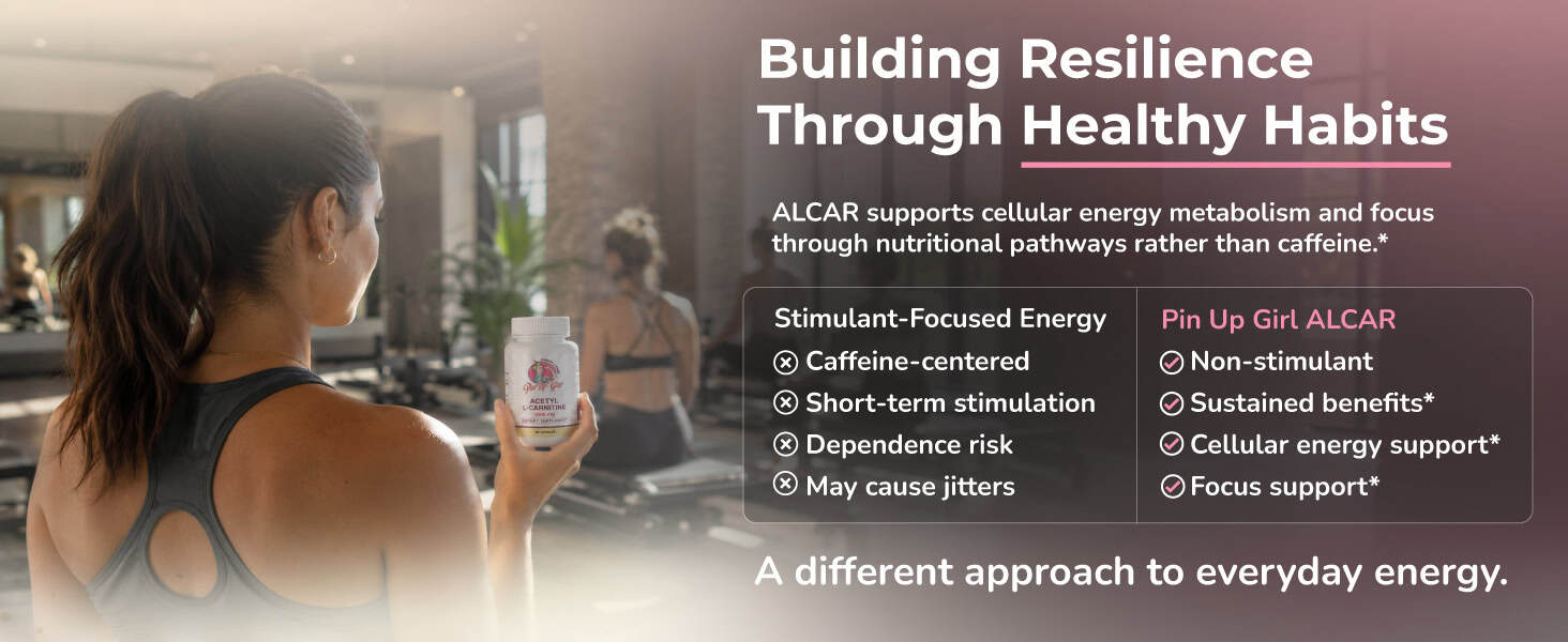 Woman holding supplement bottle at gym promoting healthy habits and resilience.
