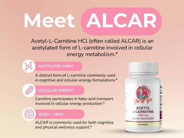 Pin Up Girl Wellness Acetyl L-Carnitine 1000mg supplement bottle for energy support.