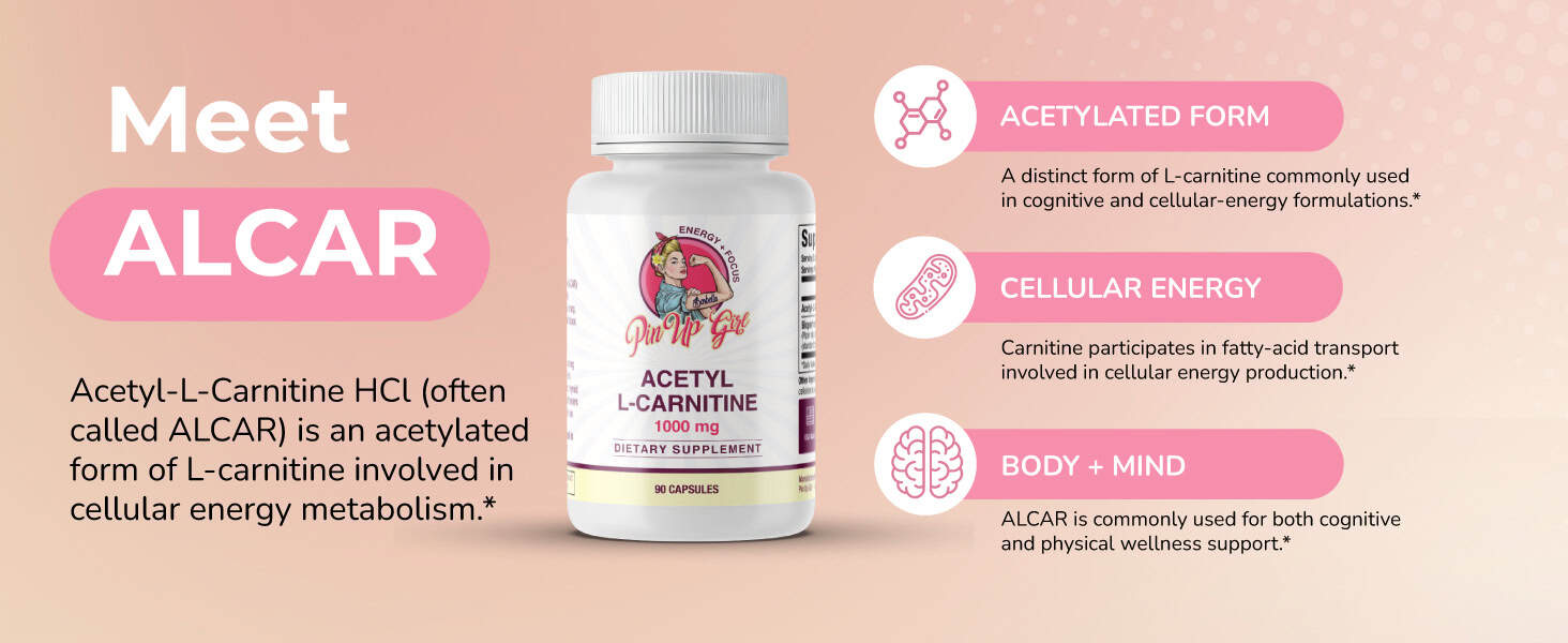 Bottle of Acetyl-L-Carnitine 1000mg supplement with pink label and logo.