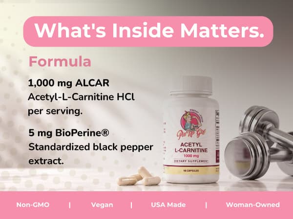 Pin Up Girl Wellness Acetyl-L-Carnitine supplement bottle with dumbbells.