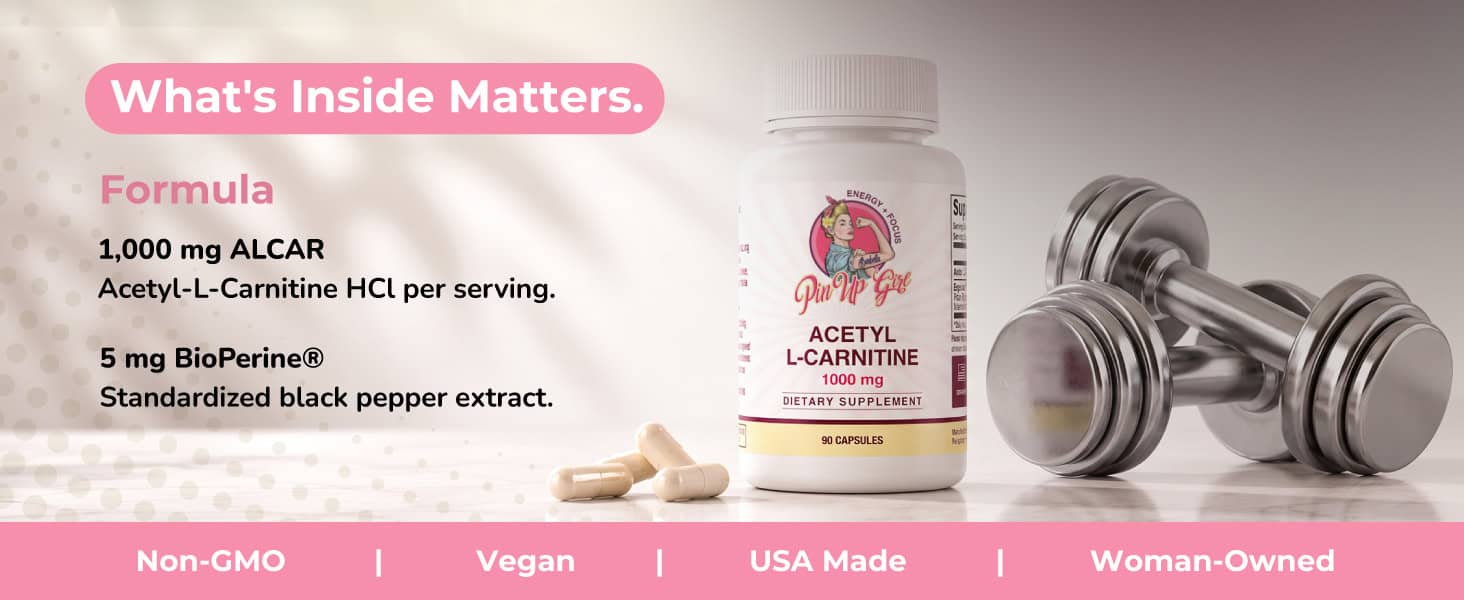 Bottle of Acetyl-L-Carnitine 1000mg capsules with dumbbells for fitness.