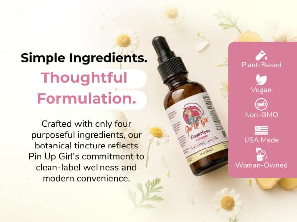 Pin Up Girl Wellness migraine tincture with natural ingredients and eco-friendly labels.