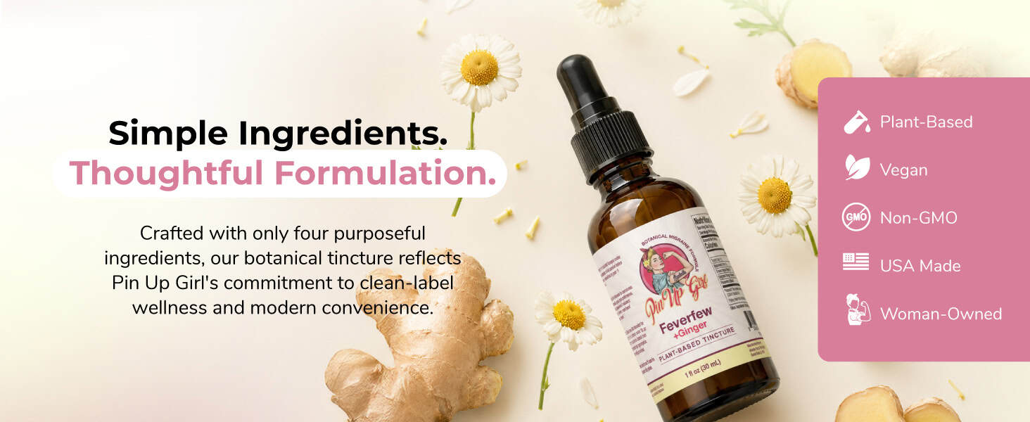 Pin Up Girl Wellness migraine tincture with natural ingredients and plant-based formulation.