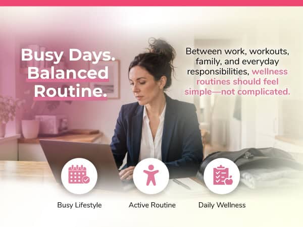 Busy woman working at her desk with a laptop, promoting balanced routines.