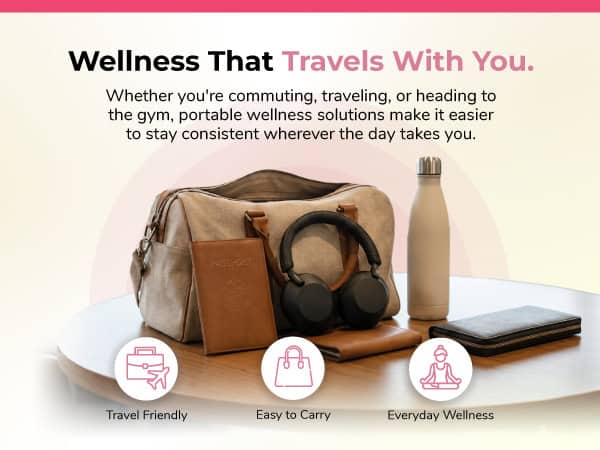 Travel wellness essentials including headphones, water bottle, and notebook.
