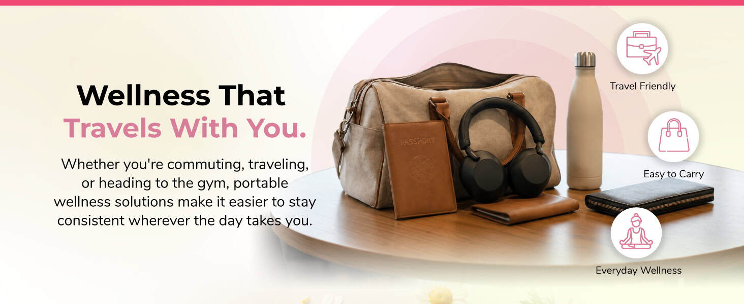 Travel wellness kit with bag, headphones, water bottle, and accessories for on-the-go health.