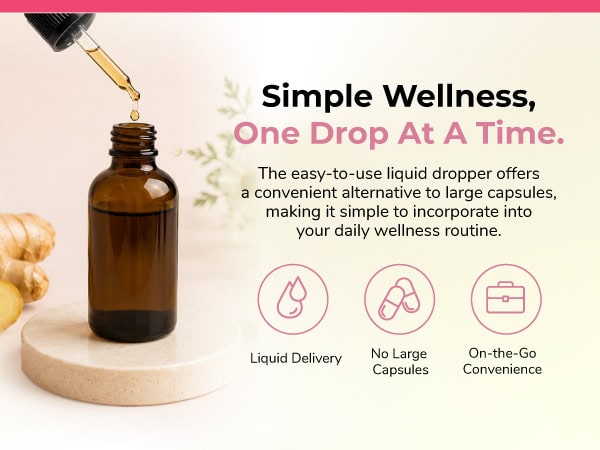 Liquid dropper with tincture bottle for wellness and migraine relief.