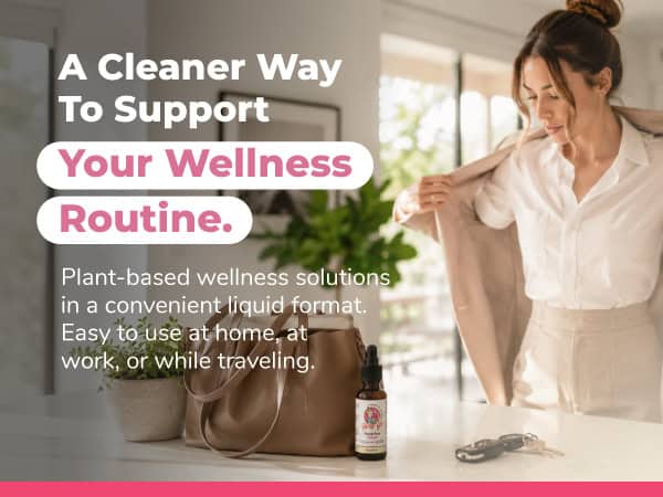 Woman preparing plant-based wellness tincture at home for migraine relief.