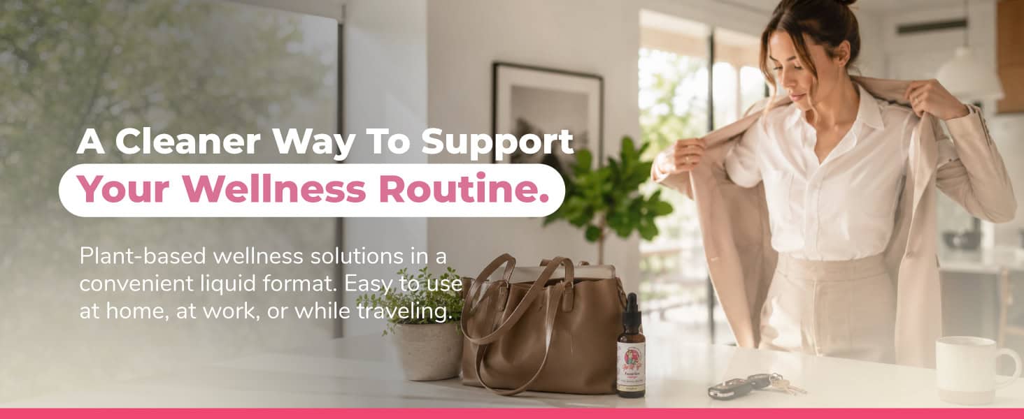 Woman preparing wellness tincture in a modern kitchen for migraine relief.