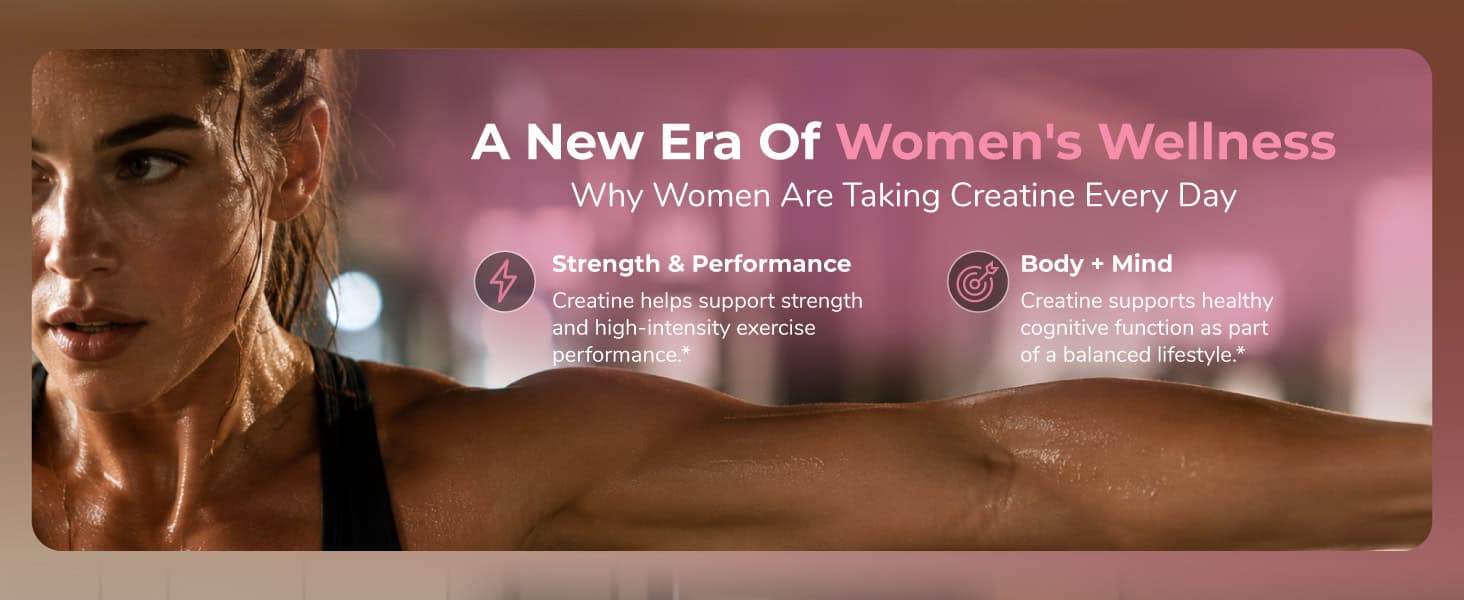 Women’s wellness supplement promoting strength and body health benefits.