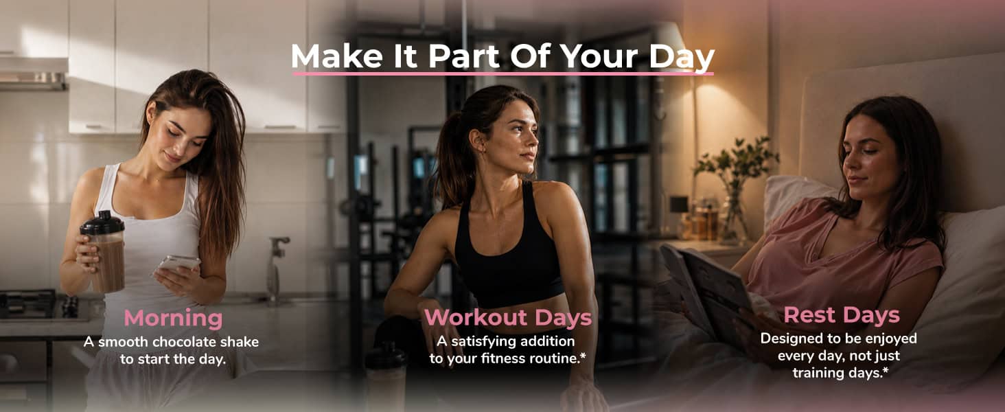 Three women enjoying morning, workout, and rest routines at home.