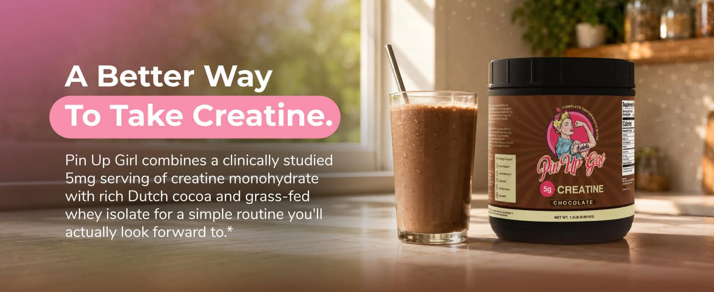 Pin Up Girl Wellness creatine supplement with chocolate flavor and whey protein isolate.