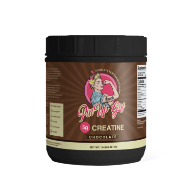 Pin Up Girl Wellness chocolate creatine supplement container with logo and label.