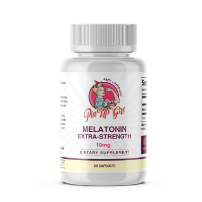 Pin Up Girl Wellness Melatonin 10mg supplement bottle for sleep support.
