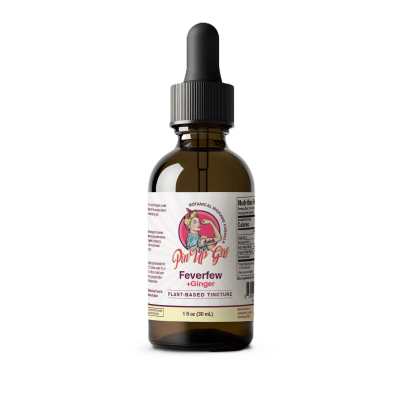 Feverfew ginger tincture bottle for migraine relief from Pin Up Girl Wellness.