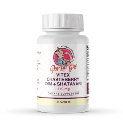 Pin Up Girl Wellness Vitex Chasteberry DIM & Shatavari supplement bottle.